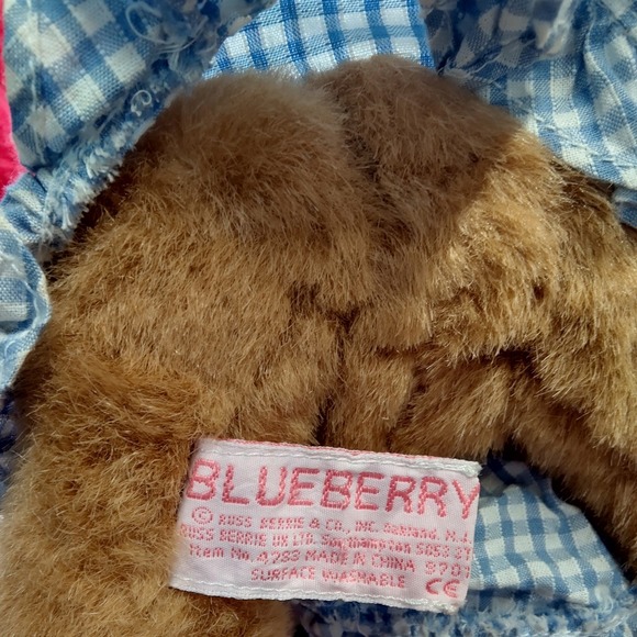 Russ Blueberry Teddy Bear holding porcelain Teapot and Teacup 90s - Picture 3 of 5